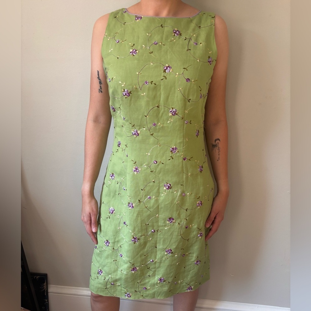 Vintage Cottagecore Green Floral Embroidered Linen Fairycore Boho Dress Small